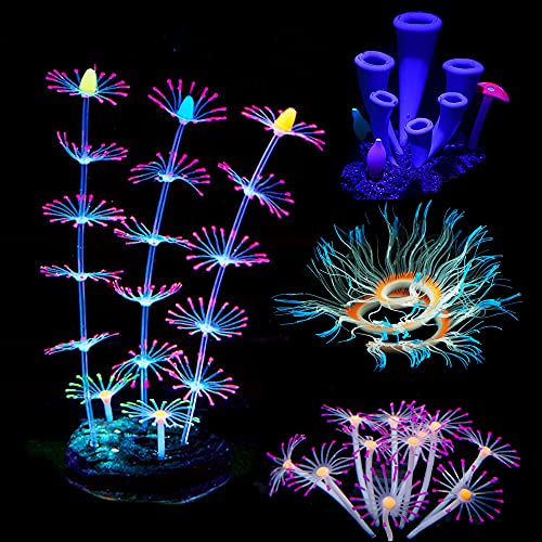 Cayway 4 Stück Künstliche Aquarium Pflanzen, Aquarium Pflanzen Künstlich Glühen mit Simulation Silikonkoralle, Künstliche Hornkoralle, Künstliche Seeanemone für Aquarium, Aquarium Landschaft von Cayway