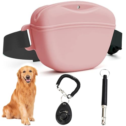 Leckerli-Beutel-Set, Silikon-Leckerli-Tasche mit Hüftgurt, Magnetverschluss, mit Hundeklicker und leiser Pfeife für Haustiertraining, Spazierengehen (Rosa) von Cckuu