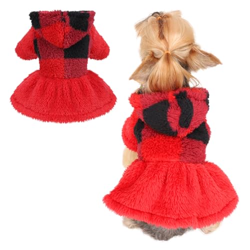 Hundepullover für kleine Hunde und Mädchen, warmes Karomuster, Weihnachts-Outfit, Winter-Fleece-Hundepullover für Damen, Welpen-Kleidung, leichte kleine Hundekleidung, Haustierkostüm, Rot, Größe S von Ccurrili