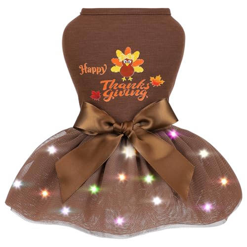 Thanksgiving-Hundekleid für kleine Hunde und Mädchen, Truthahn-Tüll-Hunde-Outfit, Happy Holiday Hundekleider, LED-Licht-Hundekleidung, leichtes Welpen-Tutu-Kleid Herbst, Haustierkostüm, von Ccurrili