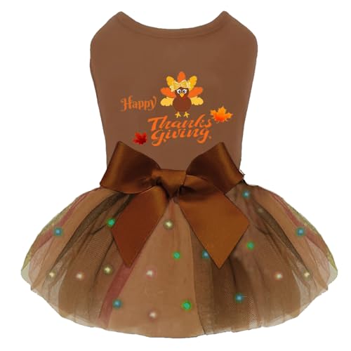 Thanksgiving-Hundekleid für kleine Hunde und Mädchen, Truthahn-Tüll-Hunde-Outfit, Happy Holiday Hundekleider, LED-Licht-Hundekleidung, leichtes Welpen-Tutu-Kleid Herbst, Haustierkostüm, von Ccurrili