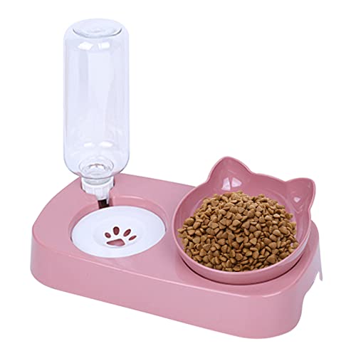 Cdemiy Katzennapf, Futternapf Katze mit Automatischer Wasserflasche, 15°Neigbar Katzennäpfe Verschüttet und rutschfeste, Katzenschüssel für Kleine und Mittelgroße Haustiere, Katzen und Welpen(Rosa) von Cdemiy