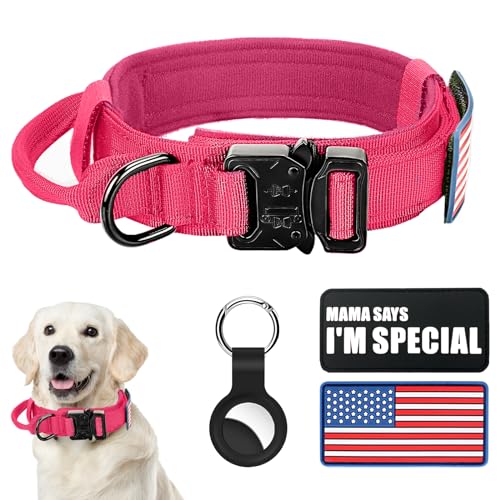 Taktisches Hundehalsband, Militär-Hundehalsband, verstellbar, Nylon, robuste Metallschnalle mit Griff, für Hundetraining, mit Flicken (Rosa (1 Stück), Größe M von Celifelight