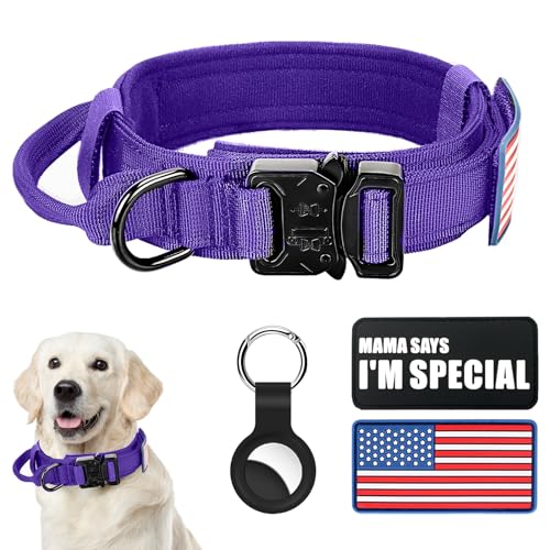 Taktisches Hundehalsband, Militär-Hundehalsband, verstellbar, Nylon, robuste Metallschnalle mit Griff für Hundetraining, mit Flicken (Lila, M) von Celifelight