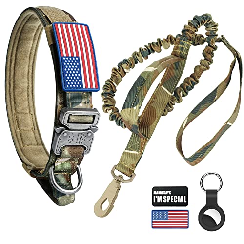 Taktisches Hundehalsband und Bungee-Leine, Camouflage-Militär-Hundehalsband und Leine, Set mit USA-Flagge, verstellbares K9-Halsband mit robuster Metallschnalle und Griff, (XL, Camo) von Celifelight