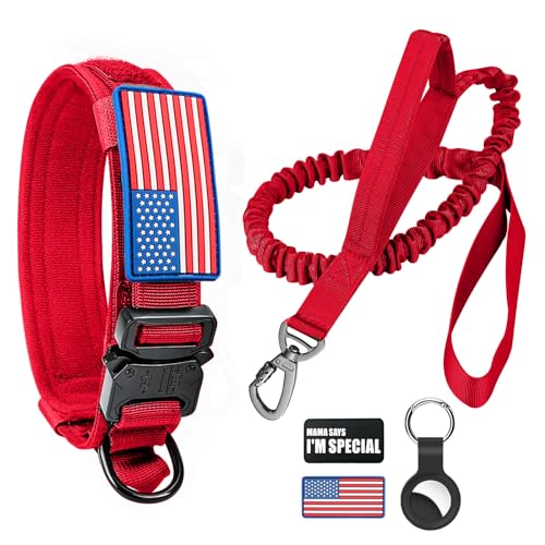 Taktisches Hundehalsband und Bungee-Leine, Militär-Hundehalsband und Leine, Set mit US-amerikanischer Flagge, verstellbares K9-Halsband mit robuster Metallschnalle und Griff, mit Patches und von Celifelight