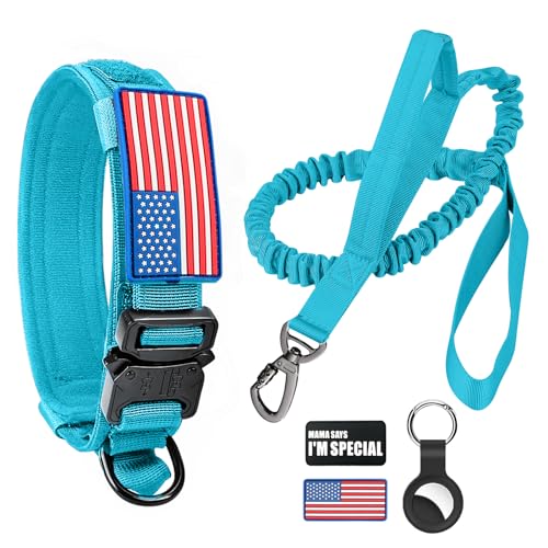 Taktisches Hundehalsband und Bungee-Leine, Militär-Hundehalsband und Leine, Set mit US-amerikanischer Flagge, verstellbares K9-Halsband mit robuster Metallschnalle und Griff, mit Patches und von Celifelight