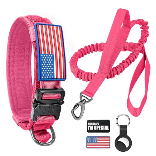 Taktisches Hundehalsband und Bungee-Leine, Militär-Hundehalsband und Leine, Set mit US-amerikanischer Flagge, verstellbares K9-Halsband mit robuster Metallschnalle und Griff, mit Patches und von Celifelight