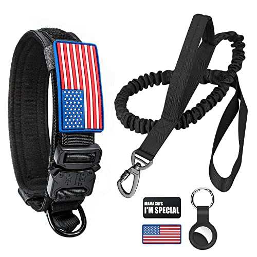 Taktisches Hundehalsband und Bungee-Leine, militärisches Hundehalsband und Leine, Set mit USA-Flagge, mit Patches und Airtags-Etui (L, schwarz) von Celifelight