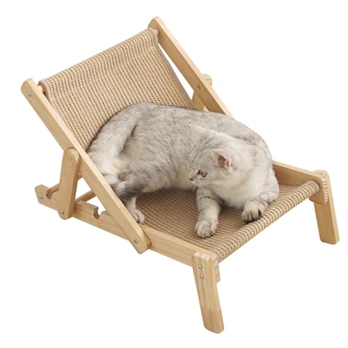 Sisalstuhl Katzenkratzer für Indoor Katzen Keine Montage Erhöhte Katzenhängematte Bett Holz Katzenmöbel Verstellbar Katze Strandstuhl Faltbare Kratzen Katzenliege für Katzen und Kleine Hunde von Celuicion