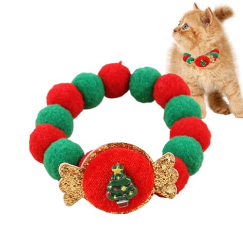 Weihnachtshalsbänder für Katzen,Weihnachtshundehalsband | Niedliches Schleife-Plüschball-Ferien-Katzenhalsband,Verstellbare Haustier-Halskette, Zubehör, bunte Hunde-Outfit-Dekorationen, weiches Katzen von Celuicion