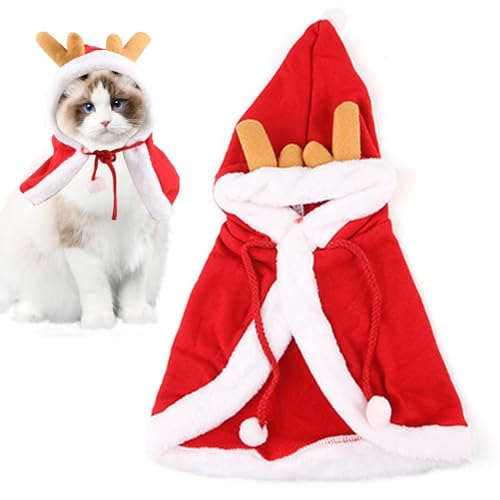 Weihnachtskatze-Hundekostüm, Haustier-Weihnachtskostüm-Poncho-Umhang - Niedlicher Weihnachtsmann-Umhang mit Geweih - Hundekostüm Welpenumhang, weich, bequem, Urlaubskleidung für Haustier, Hund, Welpe, von Celuicion