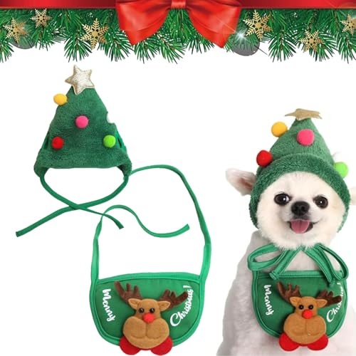 Adorable Christmas Tree Pom-Pom Hat for Dogs, Celery Pets Dog Santa Hat, Celerypets Dog Christmas Tree Hats, Christmas Tree Pompon Hat Reindeer Bib Set for Small Medium Pets (Small,A Set) von Cemssitu