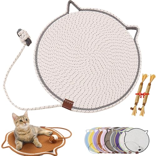 ClawLoom Dual Scratching Pad, Celery Pets Cat Scratcher Mat, Double Sided Natural Cotton Rope Cat Scratching Mat, Scratching Pads with Cat Toy (Beige,L(50CM/20in)) von Cemssitu