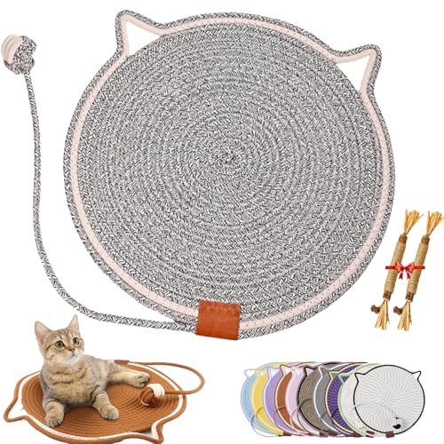 ClawLoom Dual Scratching Pad, Celery Pets Cat Scratcher Mat, Double Sided Natural Cotton Rope Cat Scratching Mat, Scratching Pads with Cat Toy (Light Gray,L(50CM/20in)) von Cemssitu