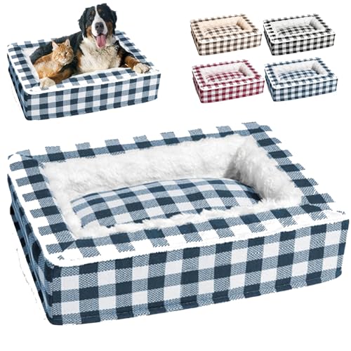 Funny Fuzzy Tartan Cozy Dog Anti-Anxiety Calming Bed, Festive Classic Tartan Cozy Dog Anti-Anxiety Calming Bed, Festive Classic Square Pet Bed, for Large Medium Small Pet Cats and Dogs (L,Blue) von Cemssitu