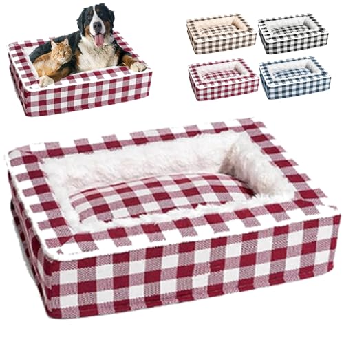 Funny Fuzzy Tartan Cozy Dog Anti-Anxiety Calming Bed, Festive Classic Tartan Cozy Dog Anti-Anxiety Calming Bed, Festive Classic Square Pet Bed, for Large Medium Small Pet Cats and Dogs (L,Red) von Cemssitu