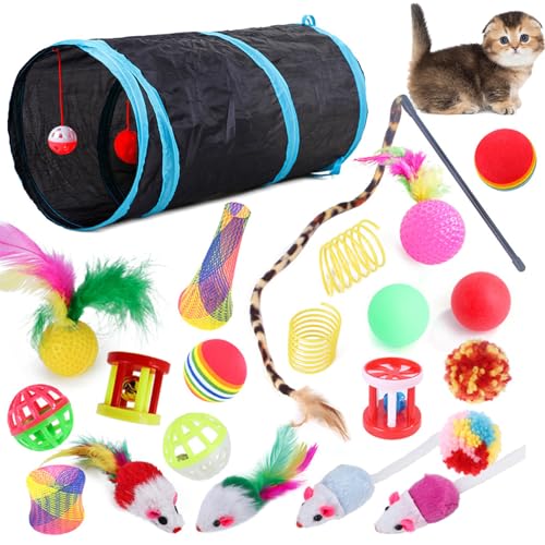 Katzenspielzeug Set mit Katzentunnel, Katzenspielzeug mit katzentunnel, Spielzeug Variety Pack für Kitty Katzen, 22 Stücke Kätzchen Maus Spielzeug Set, Katzentunnel Interaktives Katzen Spielzeug von Cerioll