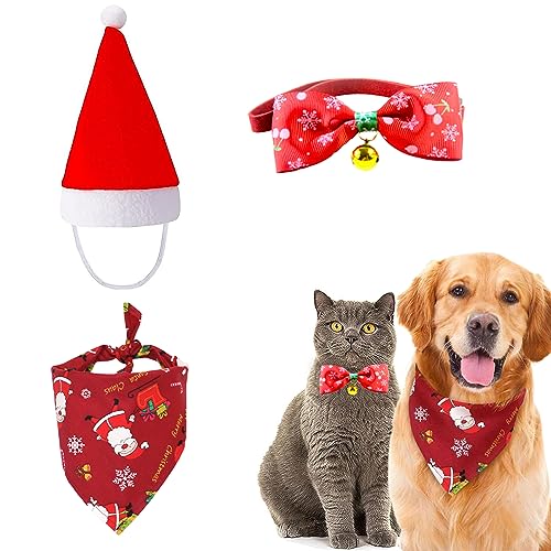 Weihnachten Katzenkostüm Und ​Hundekostüm, 3 Stück Weihnachten Haustier Kostüm Set, Weihnachten Haustier Dreieck Lätzchen, Weihnachten Haustier Halsband, Weihnachtshund Bandanas, Weihnachtshalsband von Cerioll