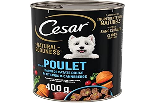 CESAR Natural Goodness – 6 Packungen à 400 g – Terrinendosen für ausgewachsene Hunde, reich an Huhn, gefüllt mit Süßkartoffeln, Erbsen & Preiselbeeren, Nassfutter für Hunde, ohne Getreide von Cesar