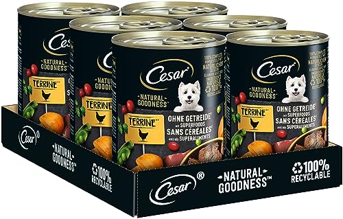 Cesar Adult Hundenassfutter Natural Goodness, 6 Dosen, 6x400g – Ausgewogenes Premium Hundefutter nass, reich an Huhn, mit natürlichen Zutaten hergestellt von Cesar