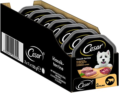 Cesar Adult Hundenassfutter Klassik-Terrine mit herzhaftem Geflügel und Rind, 14 Schalen, 14x150g – Premium Hundefutter nass, ohne Zuckerzusatz, künstliche Aroma– oder Farbstoffe (Packung mit 6) von Cesar