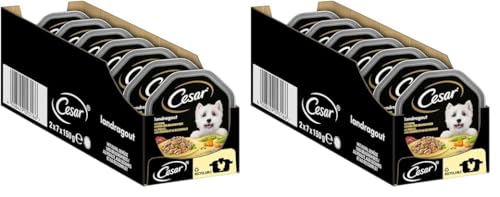 Cesar Adult Hundenassfutter Landragout, 14 Schalen, 14x150g – Premium Hundefutter nass, mit Huhn, Gemüse und braunem Reis (Packung mit 2) von Cesar