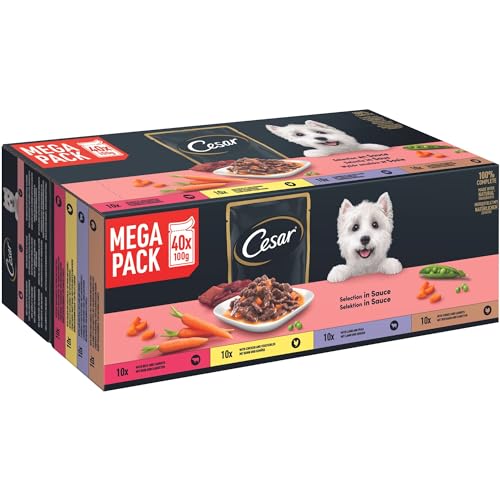 Cesar Selektion in Sauce Premium Hunde Nassfutter im Portionsbeutel 4 Varietäten 40x100g von Cesar