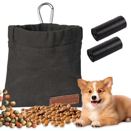 Cfcyhla Leckerlibeutel für Hunde,Freihändige Hundeleckerlitasche mit Automatischem Verschluss und 2 Stücke Müllsack, mit Karabiner für Hündchen-Leckerli-Snack-Taschen(Schwarz) von Cfcyhla