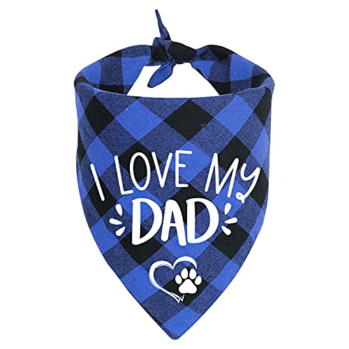 Cgvovgr Lustiges, niedliches, blaues Karomuster, Baumwolle, Dreieckstuch, Aufschrift "I Love My Dad", Gender Reveal Photo Prop Pet Scarf Decorations Accessories for Pet Dog Lovers Owner Gift von Cgvovgr