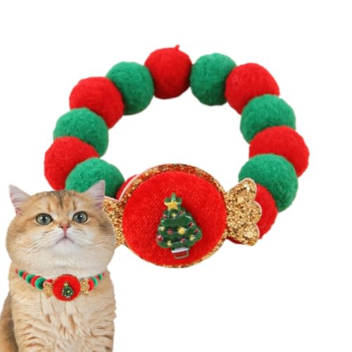 Chaies Weihnachtshalsbänder für Katzen,Weihnachtshundehalsband, Niedliches Schleifen-Plüschball-Katze-Krawattenhalsband, Verstellbare Haustier-Halskette, Zubehör, Bunte Hunde-Outfit-Dekorationen, von Chaies