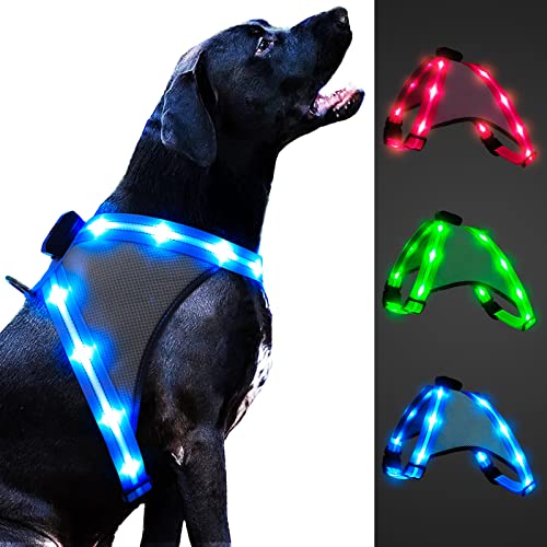 ChalkLit LED Hundegeschirr, Leuchtendes Wiederaufladbares Beleuchtetes Reflektierendes Hundegeschirr Leuchtet Im Dunkeln, LED Hunde-Sicherheitswestenlichter für Nachtspaziergänge (Blau, L) von ChalkLit