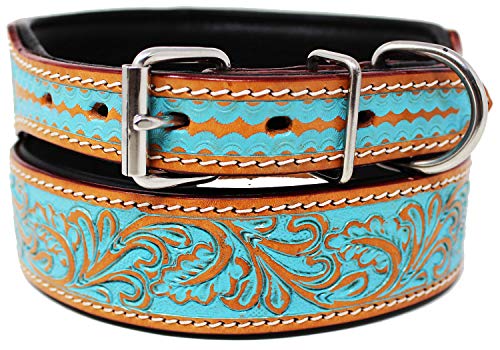 CHALLENGER 60167 Hundehalsband, Amish, 100 % Leder, Blumenmuster, Türkis von Challenger