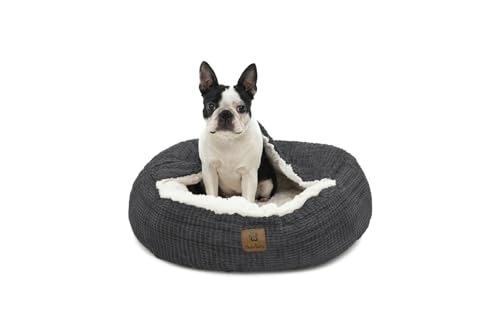 Charlie's Luxuriöses beruhigendes Hundebett mit Kapuze und Kornkolben-Flanellbezug, recycelte PET-Füllung, rutschfester Boden, super Plüsch-Innenfutter, rundes Nest in Anthrazit – perfekte 61 cm Größe von Charlie's