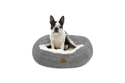 Charlie's Luxuriöses beruhigendes Hundebett mit Kapuze und Maiskolben-Flanellbezug, recycelte PET-Füllung, rutschfester Boden, super Plüsch-Innenfutter, rundes Nest in Grau – geräumige 91,4 cm Größe von Charlie's