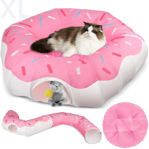 Extra großes (104 cm) Katzentunnelbett, multifunktionale Katzentunnel für Indoor-Katzen, niedlicher Katzen-Donut-Tunnel mit waschbarem Kissen und hängenden Bällen, abnehmbares Katzenspielzeug für von Charlie & Mollie