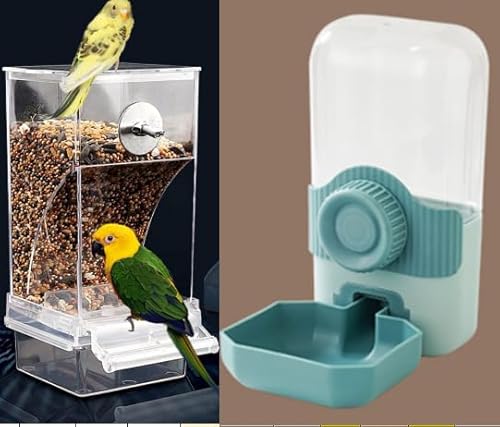 No Mess Vogelfutterspender Wasserspender Set, Automatischer Papageien-Futterkäfig Zubehör, Klar Sittich Samen - niaoweishi & bianyinshui von Chebet