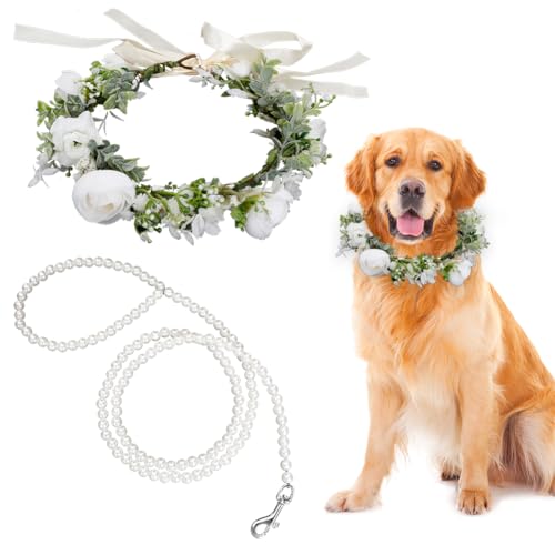 Hochzeitshalsband und Leine: Hundehalsband mit Blumenhalsband mit Abziehleine, Hochzeitskostüme, Kleidung, Kranz, Schleife, Foto-Requisite, Einheitsgröße von CheeFun