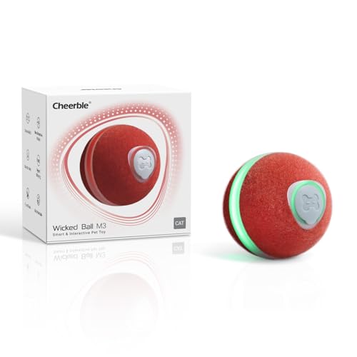 Cheerble Interaktiver Ball für Katzen, Katzenspielzeug Bouncing Cat Ball Rechargeable, Wicked Ball M3 mit 3 Modi, rotierende Smart Ball Spielzeug mit LED-Leuchten, für Indoor-Katzen Kätzchen, Rot von Cheerble