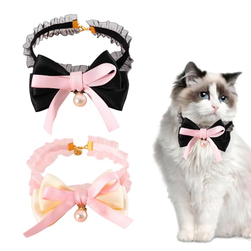 CheeseandU 2 Packungen Haustier-Schleifenhalsband, schwarz und rosa, Elastizität, Samtspitze, Haustierhalsband mit Perle für kleine Hunde, Katzen, Welpen, Mädchen (Farbe: Schwarz, Rosa, von CheeseandU