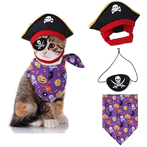 CheeseandU Halloween Haustier Piraten Kostüm Set Piratenhut mit verstellbarem elastischem Kinnriemen Piraten Augenklappe Halloween Totenkopf Kürbis Bandana für Haustier Halloween Dress Up Cosplay von CheeseandU