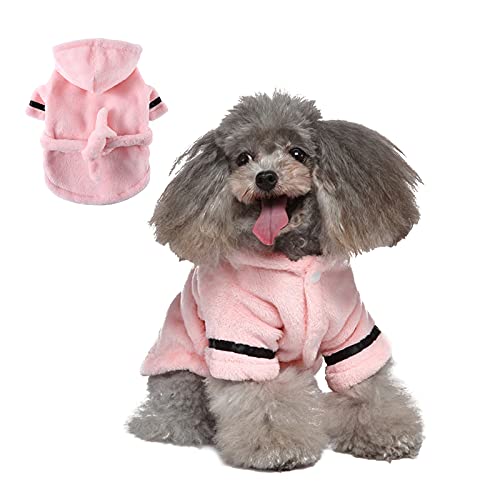 CheeseandU Hundebademantel für kleine Hunde, Winter, luxuriös, weiches Flanell, verdickte Kapuze, Pyjama, schnell trocknend und super saugfähig, Katzen, Rosa von CheeseandU