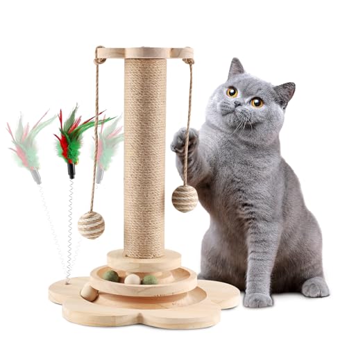 ChefyUper Interaktives Katzen Spielzeug Katzenkratzbaum Mit Hängenden Bällen & Federn,Katzenspielzeug Selbstbeschäftigung mit Frühling Cat Scratching Post für Katzen in Innenräumen von ChefyUper