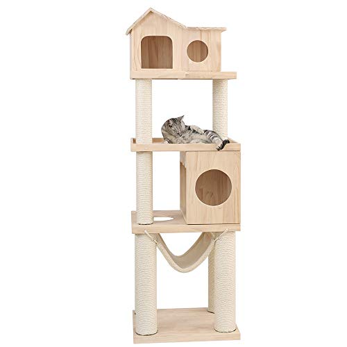 ChengBeautiful Cat Climbing Baum Katzenkratz Katze Turm Dschungel-Katze Mit Einem Großen Holzhütte Turnhalle Liegen Bett Spielen Schläft Nach Aktivitätszentrum Spielzeug Katzenhaus Klettert Kratzbaum von ChengBeautiful