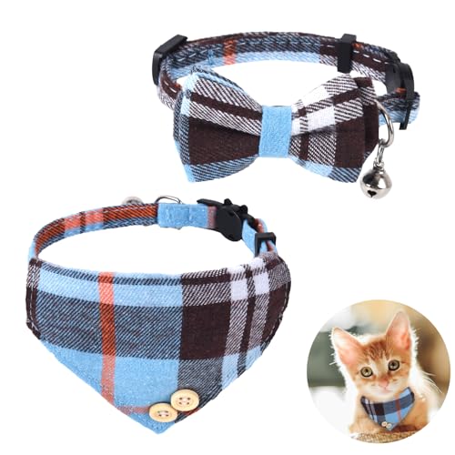 Katzen-Krawattenhalsband, Mini-Katzen-Bandana, Katzen-Bandana-Halsband mit Glocken und Fliege, Kätzchen-Fliege mit Sicherheitsschnalle, verstellbare Größe für kleine Katzen, Jungen oder Mädchen, Blau von ChengFu