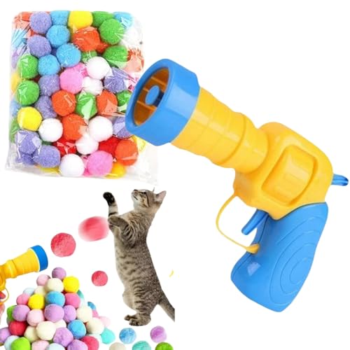 Interaktives Katzenspielzeug, Katzenspielzeug-Werfer, Katzenball Gu/n mit 100 weichen Bommelbällen, Katzenapportierspielzeug für Indoor-Übungen, flauschiger Ball-Shooter für Katzen, lustige von ChengJin