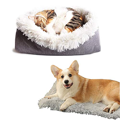 Chenge 2-in-1 Plüschdecke und Donut-Bett, weiches Haustierbett für Katzen, Welpen, Hunde, flauschig, warm, faltbar, für Reisen, Zuhause, drinnen und draußen (2 Stück, weiß + grau) von Chenge