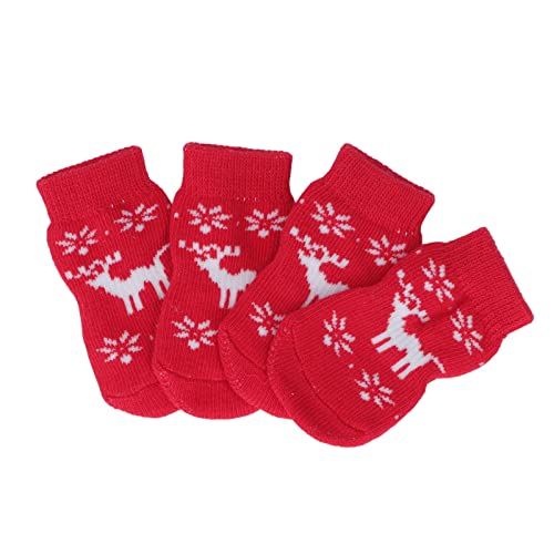 ChengyuWei 4 Stück Weihnachts-Winter-Anti-Rutsch-Hundesocken, rutschfeste gestrickte Hundesocken, rutschfeste Baumwollsocken für Welpen und Katzen, Weihnachtsmuster (Ren) von ChengyuWei