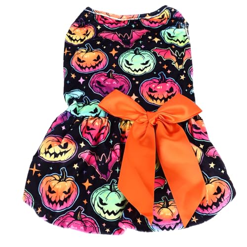 Halloween-Welpenkleid für kleine Hunde, Kürbis, Halloween-Hundekleid, Haustier-Halloween-Kleid, bunte Kürbis-Druck-Katzen-Hunde-Halloween-Kleidung mit Fliege von ChengyuWei