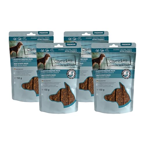 Chewies Fleischstreifen Maxi Hundeleckerli aus 100% Entenfleisch - 4 x 150 g - luftgetrocknete Enten Kaustreifen für Hunde - zuckerfrei & getreidefrei - Dörrfleisch von der Ente Chewies Fleischstreifen Maxi Hundeleckerli aus 100% Entenfleisch - 4 x 150 g - luftgetrocknete Enten Kaustreifen für Hunde - zuckerfrei & getreidefrei - Dörrfleisch von der Ente von Chewies